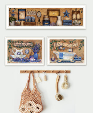 HomeRoots Set of Three Relaxing Lavender Bath Art Prints in White Frames for a Tranquil Bathroom Decor Refresh 568809
