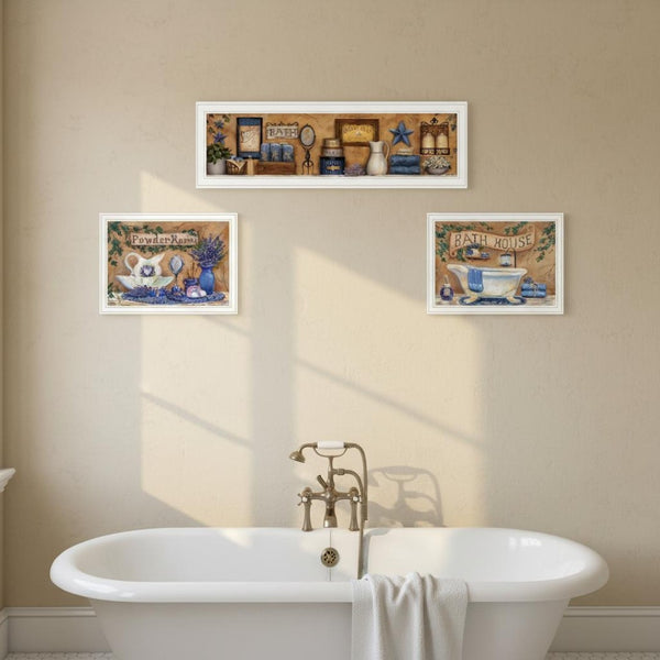 HomeRoots Set of Three Relaxing Lavender Bath Art Prints in White Frames for a Tranquil Bathroom Decor Refresh 568809