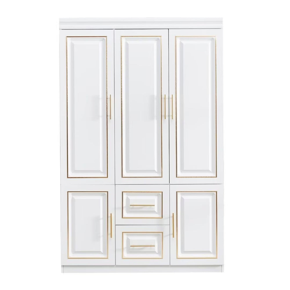 HomeRoots 74" Elegant White and Gold Combo Dresser with 5 Doors and 2 Drawers for Stylish Bedroom Storage Solutions 568813