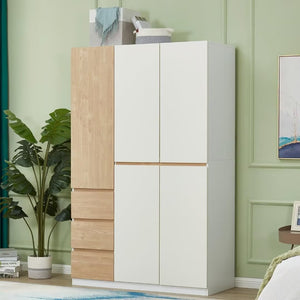 Homeroots 75" White And Natural Combo Dresser With Five Doors & Three Drawers For Stylish Bedroom Storage  Manufactured Wood 568816