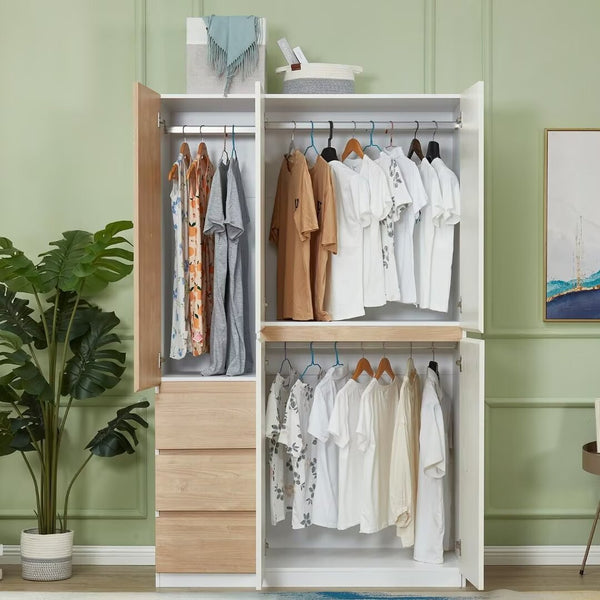 Homeroots 75" White And Natural Combo Dresser With Five Doors & Three Drawers For Stylish Bedroom Storage  Manufactured Wood 568816