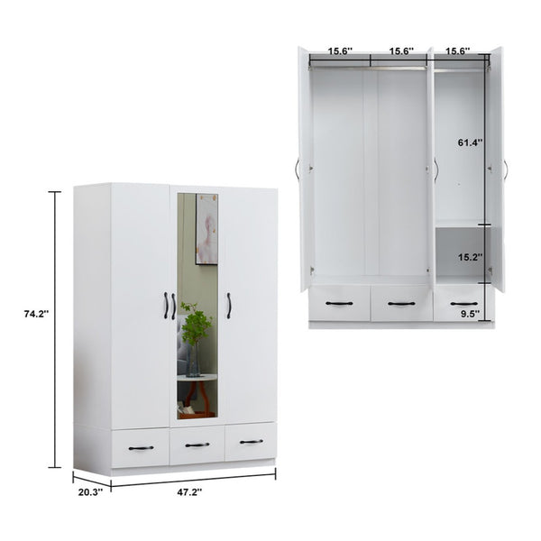 HomeRoots 74" White Mirrored Combo Dresser with 3 Doors & 3 Drawers - Elegant Storage Solution for Your Bedroom 568817
