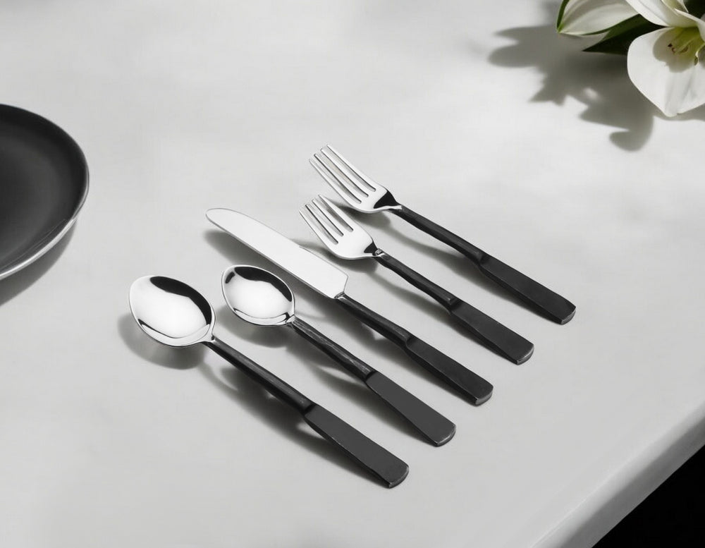 Homeroots Matte Black Stainless Steel Twenty Piece Hand Forged Flatware Set   568825