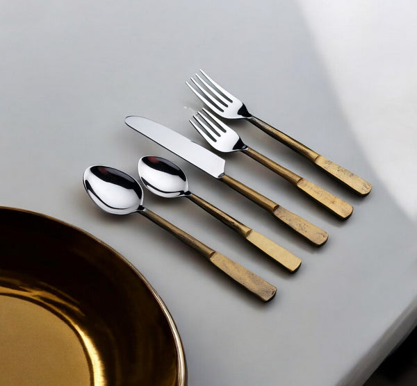 Homeroots Matte Gold Stainless Steel Twenty Piece Hand Forged Flatware Set   568827