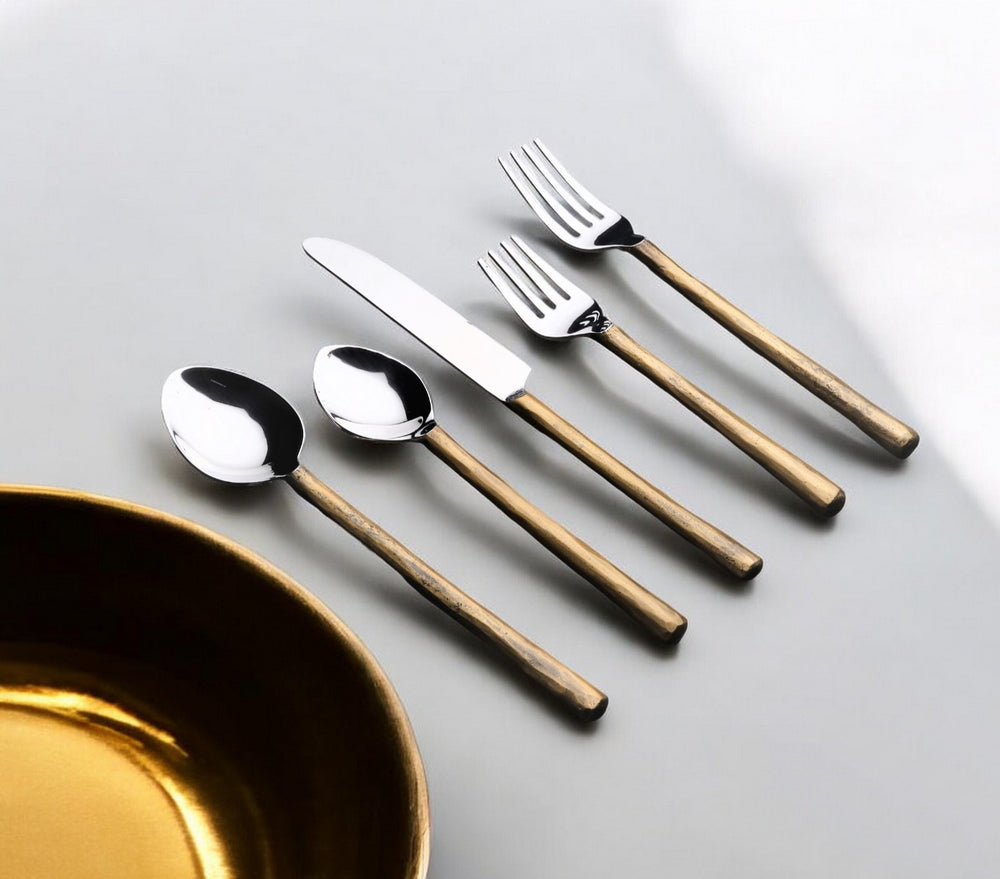 Homeroots Matte Gold Stainless Steel Twenty Piece Hand Forged Flatware Set   568831