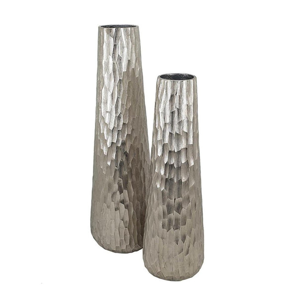 HomeRoots Set of Two Elegant Silver Textured Cast Aluminum Vases for Stylish Home Decor and Floral Displays 568842