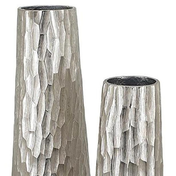 HomeRoots Set of Two Elegant Silver Textured Cast Aluminum Vases for Stylish Home Decor and Floral Displays 568842
