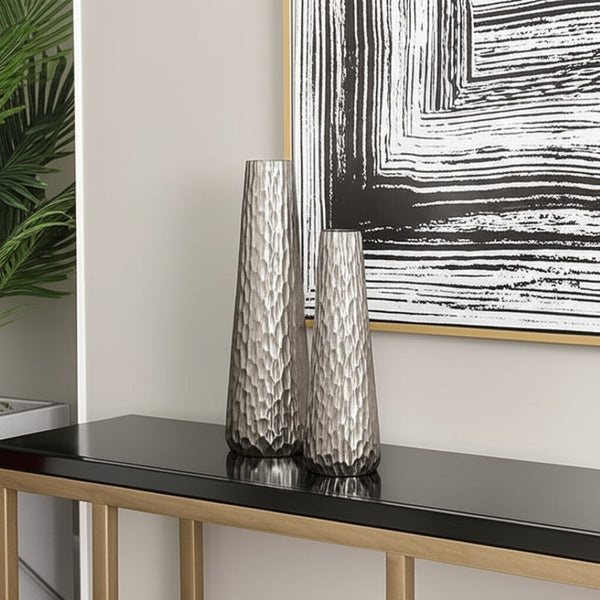 HomeRoots Set of Two Elegant Silver Textured Cast Aluminum Vases for Stylish Home Decor and Floral Displays 568842