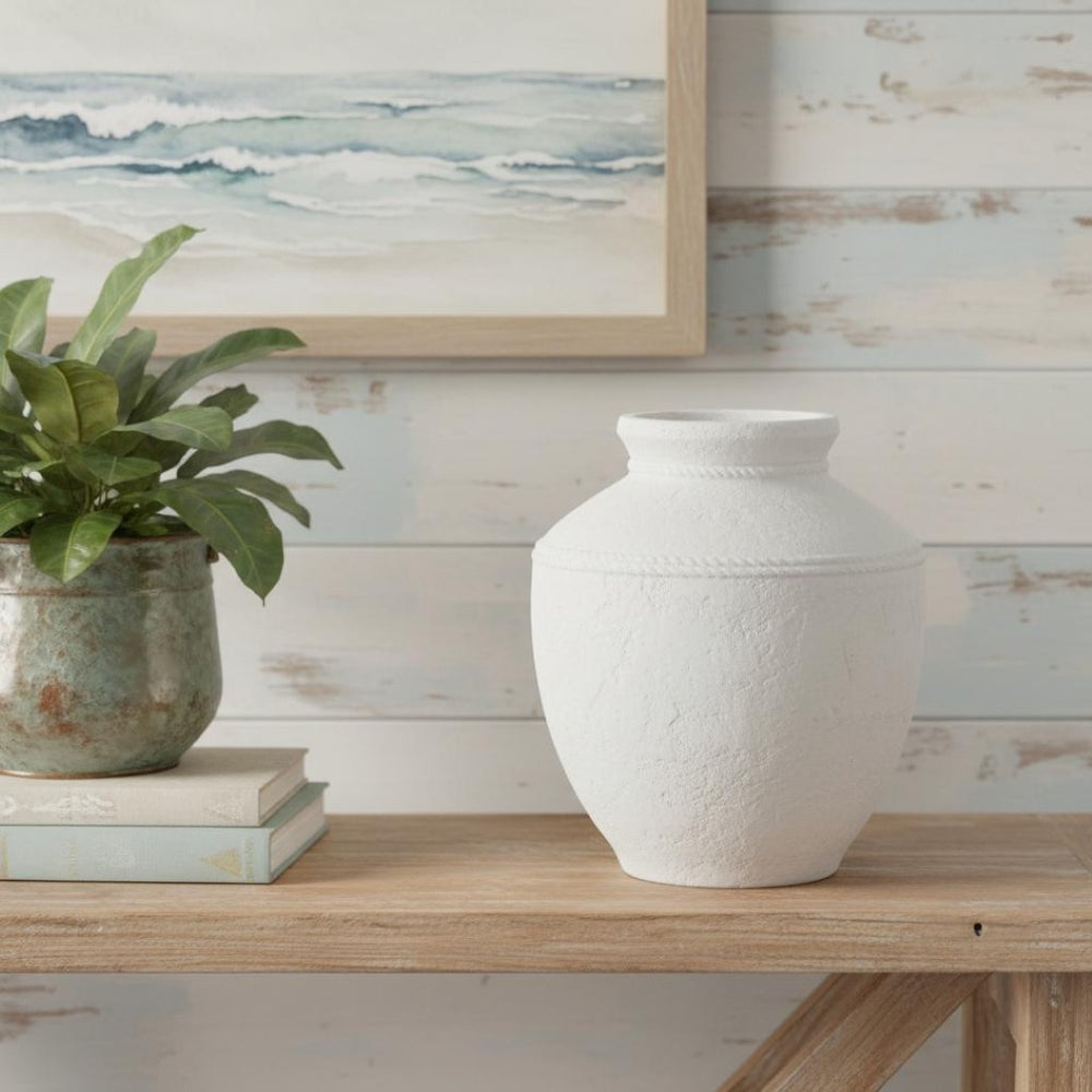 HomeRoots 14" Hand-Painted White Terracotta Round Jug Vase – Vintage Coastal Charm for Home Décor & Gifts 568849