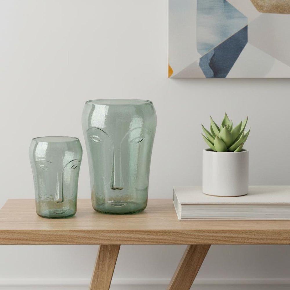 HomeRoots Set of Two Light Green Glass Vases with Modern Abstract Faces - Artistic Decor for Any Space 568860