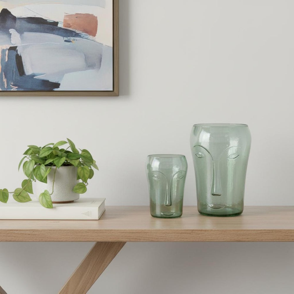 HomeRoots Set of Two Light Green Glass Vases with Modern Abstract Faces - Artistic Decor for Any Space 568860