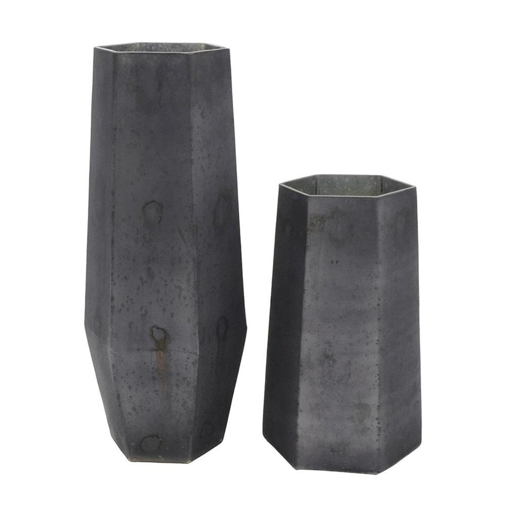 HomeRoots Set of Two Striking Black Hexagonal Glass Vases - Modern Decor for Floral Arrangements & Styling 568862