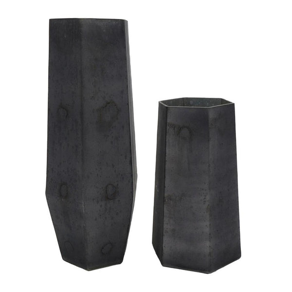 HomeRoots Set of Two Striking Black Hexagonal Glass Vases - Modern Decor for Floral Arrangements & Styling 568862