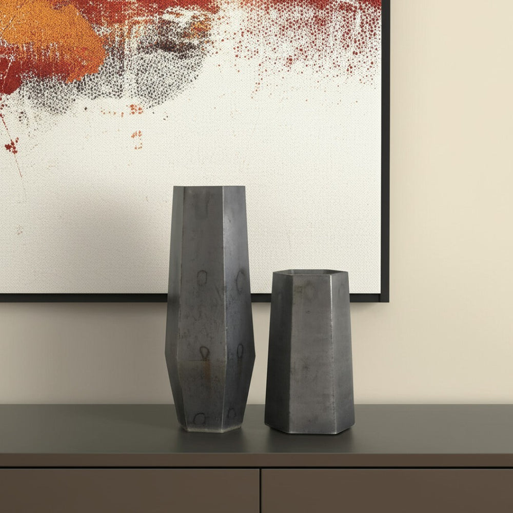 HomeRoots Set of Two Striking Black Hexagonal Glass Vases - Modern Decor for Floral Arrangements & Styling 568862