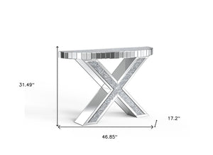 Homeroots 47" Silver Mirrored Glass Console Table With Faux Crystals - Elegant Half Circle Design For Any Room   568863