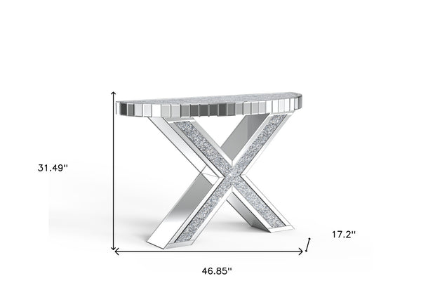 Homeroots 47" Silver Mirrored Glass Console Table With Faux Crystals - Elegant Half Circle Design For Any Room   568863