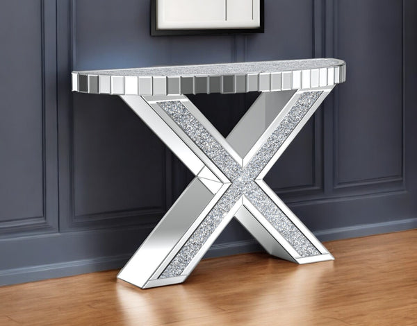 Homeroots 47" Silver Mirrored Glass Console Table With Faux Crystals - Elegant Half Circle Design For Any Room   568863