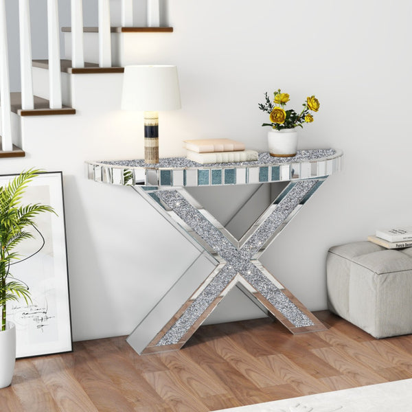 Homeroots 47" Silver Mirrored Glass Console Table With Faux Crystals - Elegant Half Circle Design For Any Room   568863