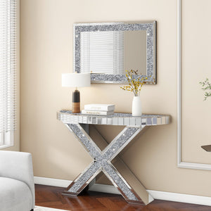 Homeroots 47" Silver Mirrored Glass Console Table With Faux Crystals - Elegant Half Circle Design For Any Room   568863