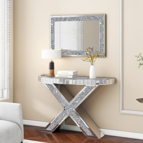 Homeroots 47" Silver Mirrored Glass Console Table With Faux Crystals - Elegant Half Circle Design For Any Room   568863