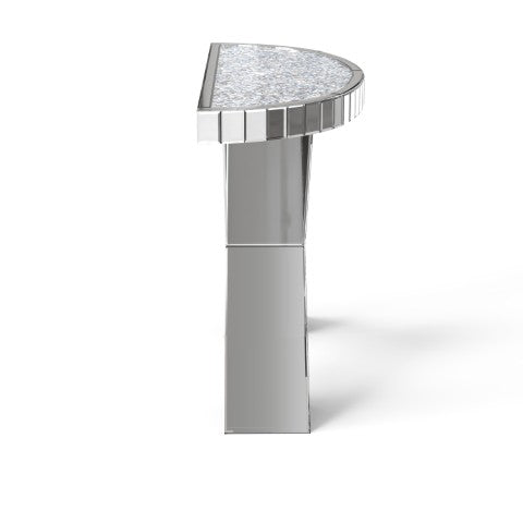 Homeroots 47" Silver Mirrored Glass Console Table With Faux Crystals - Elegant Half Circle Design For Any Room   568863
