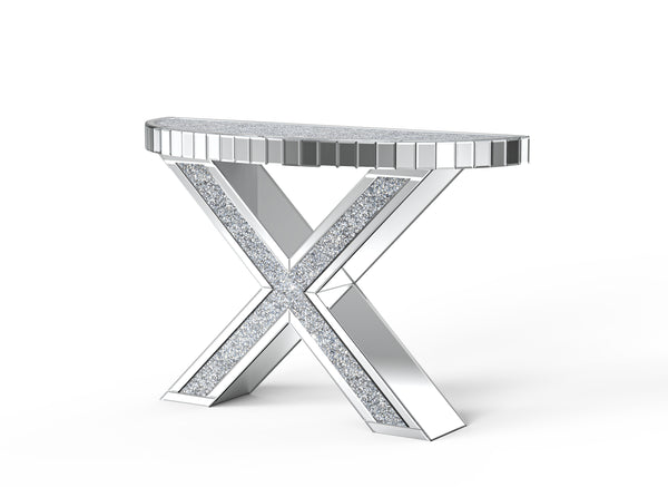 Homeroots 47" Silver Mirrored Glass Console Table With Faux Crystals - Elegant Half Circle Design For Any Room   568863