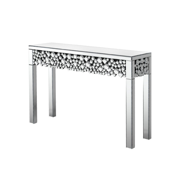 HomeRoots 47" Silver Mirrored Glass Console Table with Faux Crystal Accents - Glamorous Home Decor Piece 568864