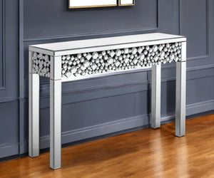 Homeroots 47" Silver Mirrored Glass Faux Crystal Bling Console Table For Glamorous Home Decor & Versatile Use   568864