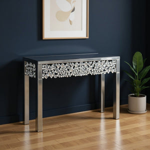 HomeRoots 47" Silver Mirrored Glass Console Table with Faux Crystal Accents - Glamorous Home Decor Piece 568864
