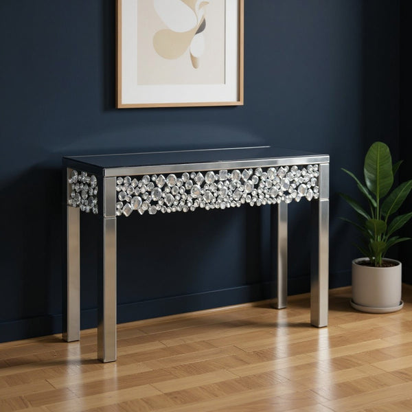 HomeRoots 47" Silver Mirrored Glass Console Table with Faux Crystal Accents - Glamorous Home Decor Piece 568864