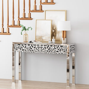Homeroots 47" Silver Mirrored Glass Faux Crystal Bling Console Table For Glamorous Home Decor & Versatile Use   568864