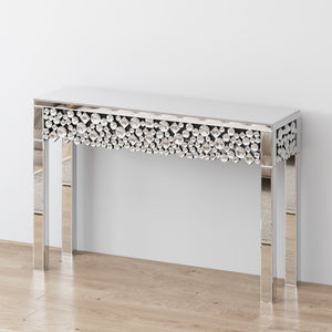 Homeroots 47" Silver Mirrored Glass Faux Crystal Bling Console Table For Glamorous Home Decor & Versatile Use   568864