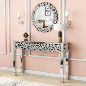 Homeroots 47" Silver Mirrored Glass Faux Crystal Bling Console Table For Glamorous Home Decor & Versatile Use   568864