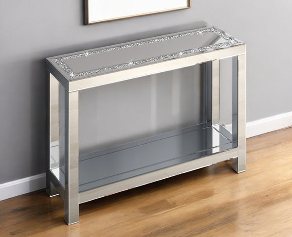 Homeroots 47" Glamorous Silver Mirrored Glass Console Table With Faux Crystals & Shelf For Stylish Storage   568866