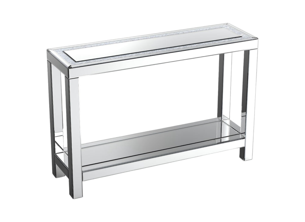 HomeRoots 47" Glamorous Silver Mirrored Glass Console Table with Faux Crystals & Two-Tiered Storage Shelf 568866