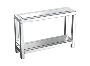 HomeRoots 47" Glamorous Silver Mirrored Glass Console Table with Faux Crystals & Two-Tiered Storage Shelf 568866