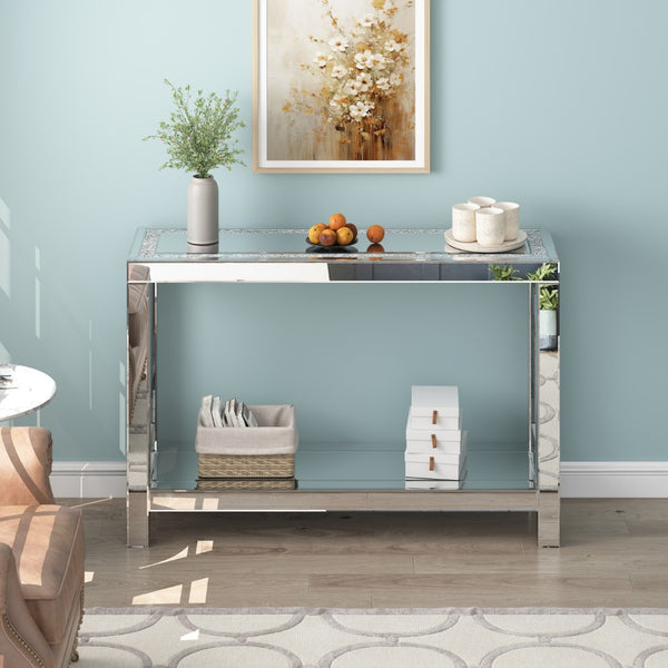 Homeroots 47" Glamorous Silver Mirrored Glass Console Table With Faux Crystals & Shelf For Stylish Storage   568866