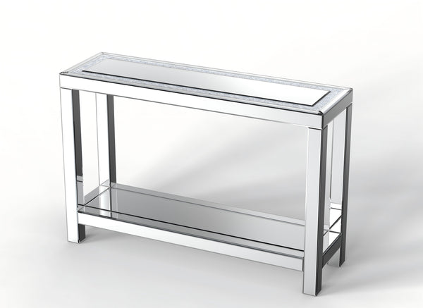 Homeroots 47" Glamorous Silver Mirrored Glass Console Table With Faux Crystals & Shelf For Stylish Storage   568866