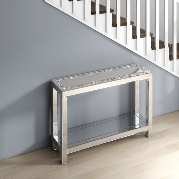 Homeroots 47" Glamorous Silver Mirrored Glass Console Table With Faux Crystals & Shelf For Stylish Storage   568866