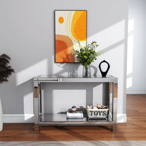 Homeroots 47" Glamorous Silver Mirrored Glass Console Table With Faux Crystals & Shelf For Stylish Storage   568866