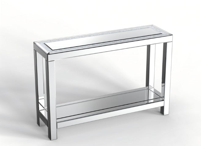 Homeroots 47" Glamorous Silver Mirrored Glass Console Table With Faux Crystals & Shelf For Stylish Storage   568866