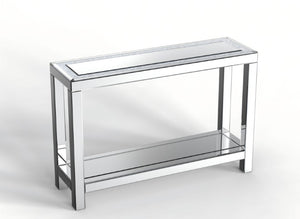 Homeroots 47" Glamorous Silver Mirrored Glass Console Table With Faux Crystals & Shelf For Stylish Storage   568866