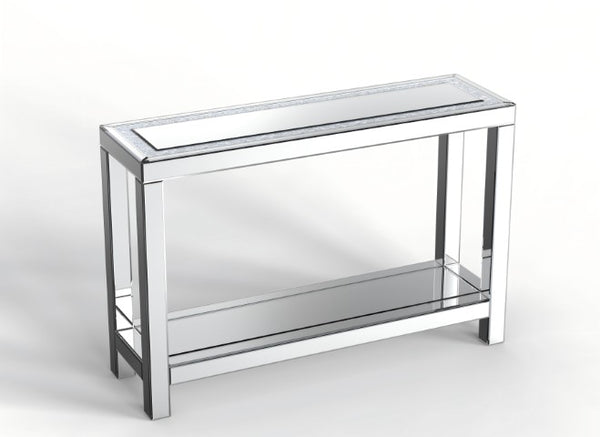 Homeroots 47" Glamorous Silver Mirrored Glass Console Table With Faux Crystals & Shelf For Stylish Storage   568866
