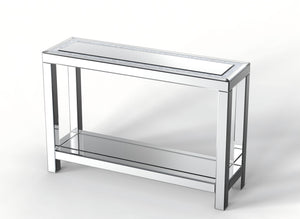 Homeroots 47" Glamorous Silver Mirrored Glass Console Table With Faux Crystals & Shelf For Stylish Storage   568866