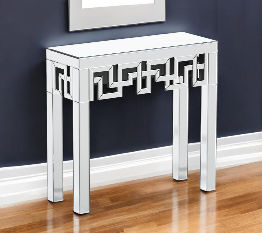 Homeroots 31" Silver Mirrored Glass Console Table With Geometric Design - Stylish Storage & Display Solution   568867