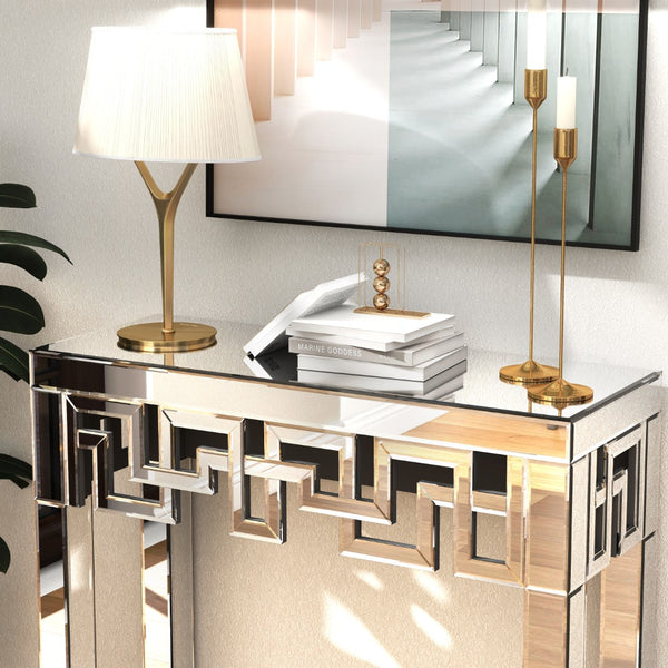 Homeroots 31" Silver Mirrored Glass Console Table With Geometric Design - Stylish Storage & Display Solution   568867