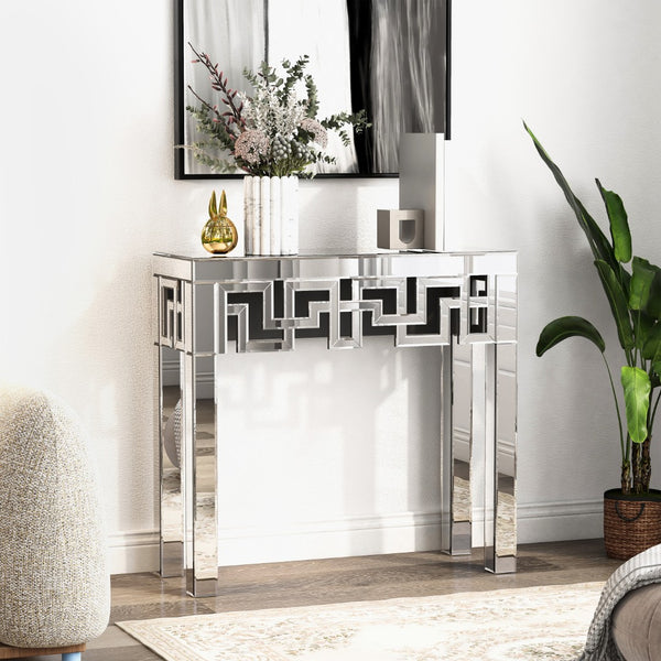 Homeroots 31" Silver Mirrored Glass Console Table With Geometric Design - Stylish Storage & Display Solution   568867