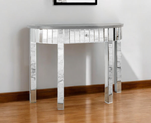 Homeroots 39" Silver Mirrored Glass Half Moon Console Table With Drawer - Stylish Space-saving Design For Any Room   568869
