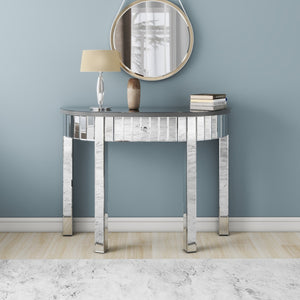 Homeroots 39" Silver Mirrored Glass Half Moon Console Table With Drawer - Stylish Space-saving Design For Any Room   568869