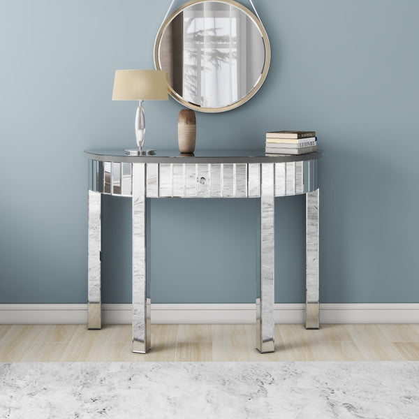 Homeroots 39" Silver Mirrored Glass Half Moon Console Table With Drawer - Stylish Space-saving Design For Any Room   568869